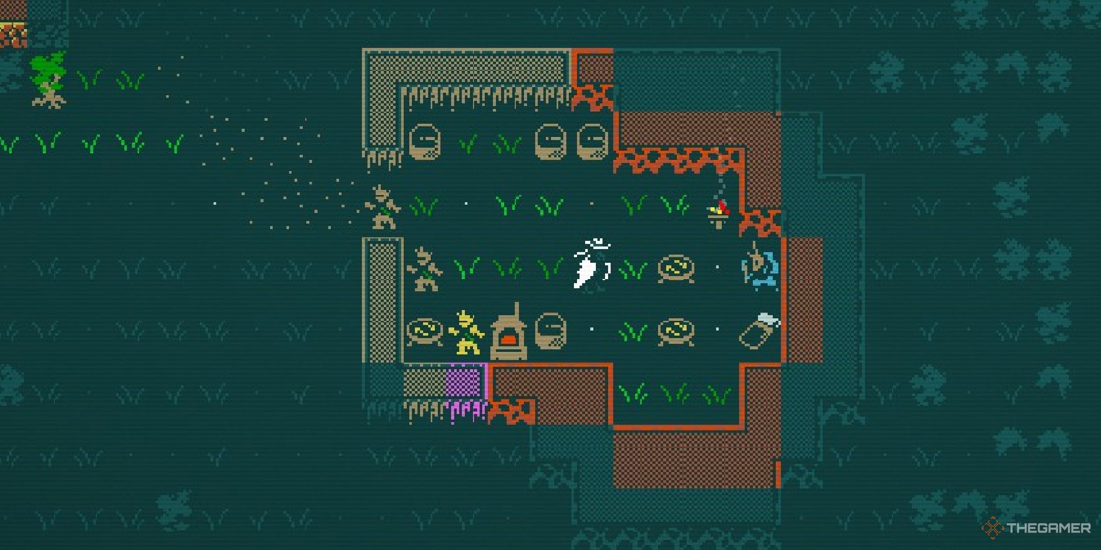 A player standing in a cooking house in Caves of Qud.