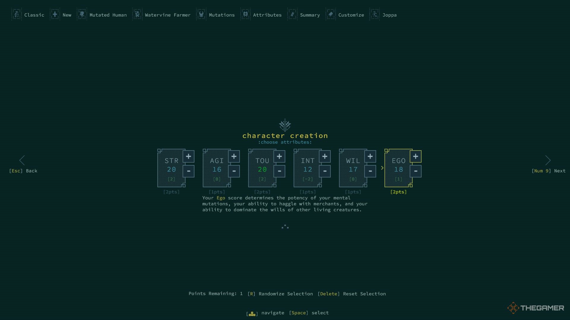 assigning attribute points to a watervine farmer at the start of a caves of qud game.