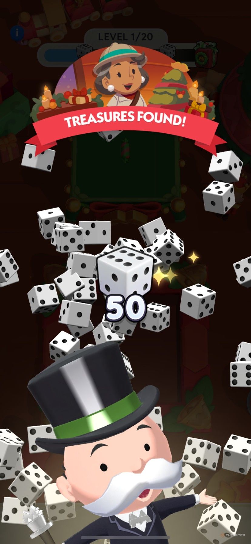 Earning 50 free dice rolls as a reward in Holiday Treasures in Monopoly Go.