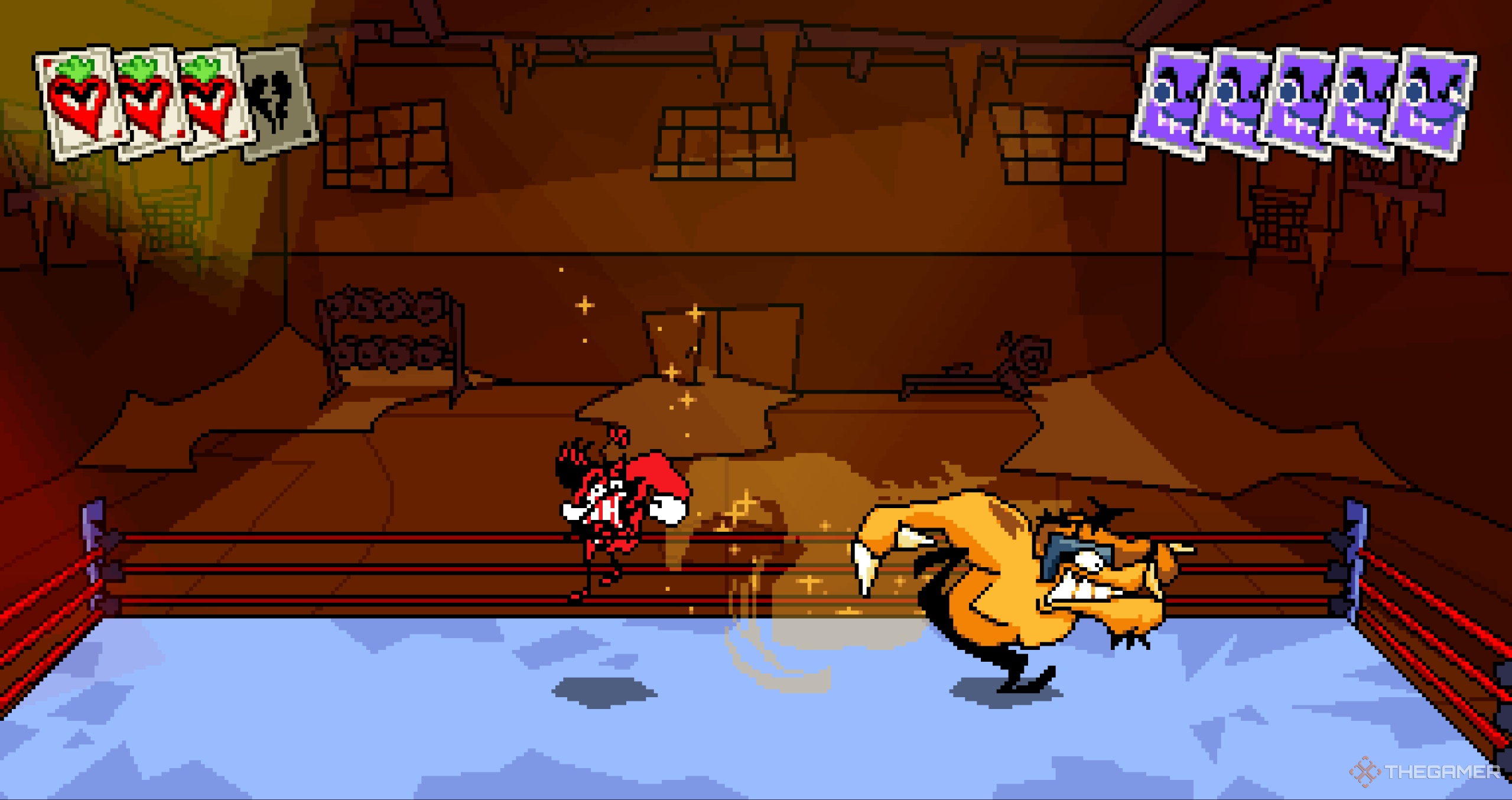 Dynamite Anton dodging a clothesline from Brawlbuster in Antonblast.