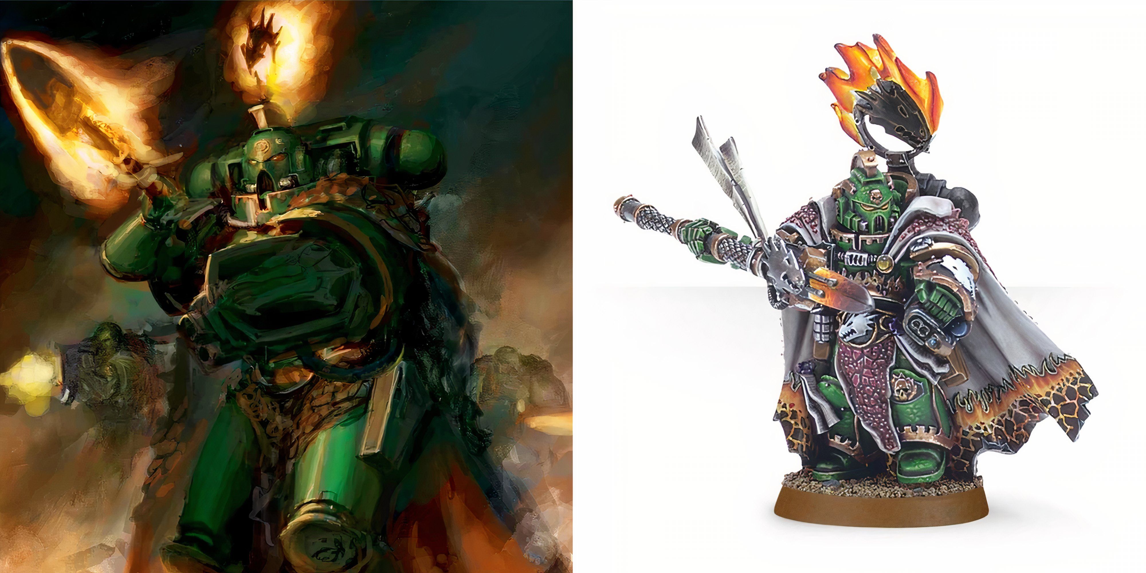 Warhammer 40k: Strongest Loyalist Space Marines In The Lore art and a miniature of Salamanders Forgefather He'stan