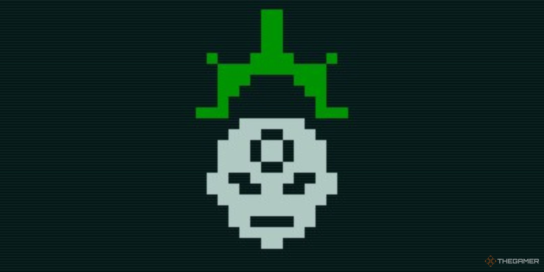 a face with a circular mark on the forehead and a green halo, the symbol for the lionheart skill in caves of qud.