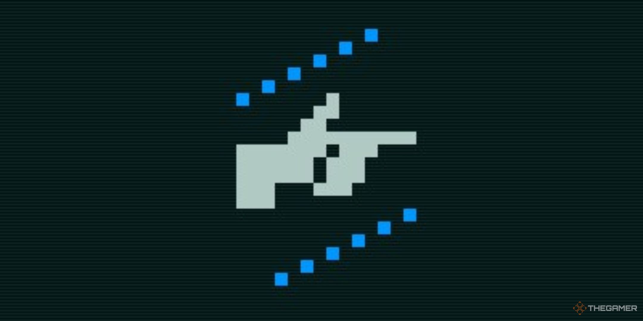 a pixelated hand with the thumb and forefinger extended, flanked by two blue lines, the symbol for the steady hands skill in caves of qud.