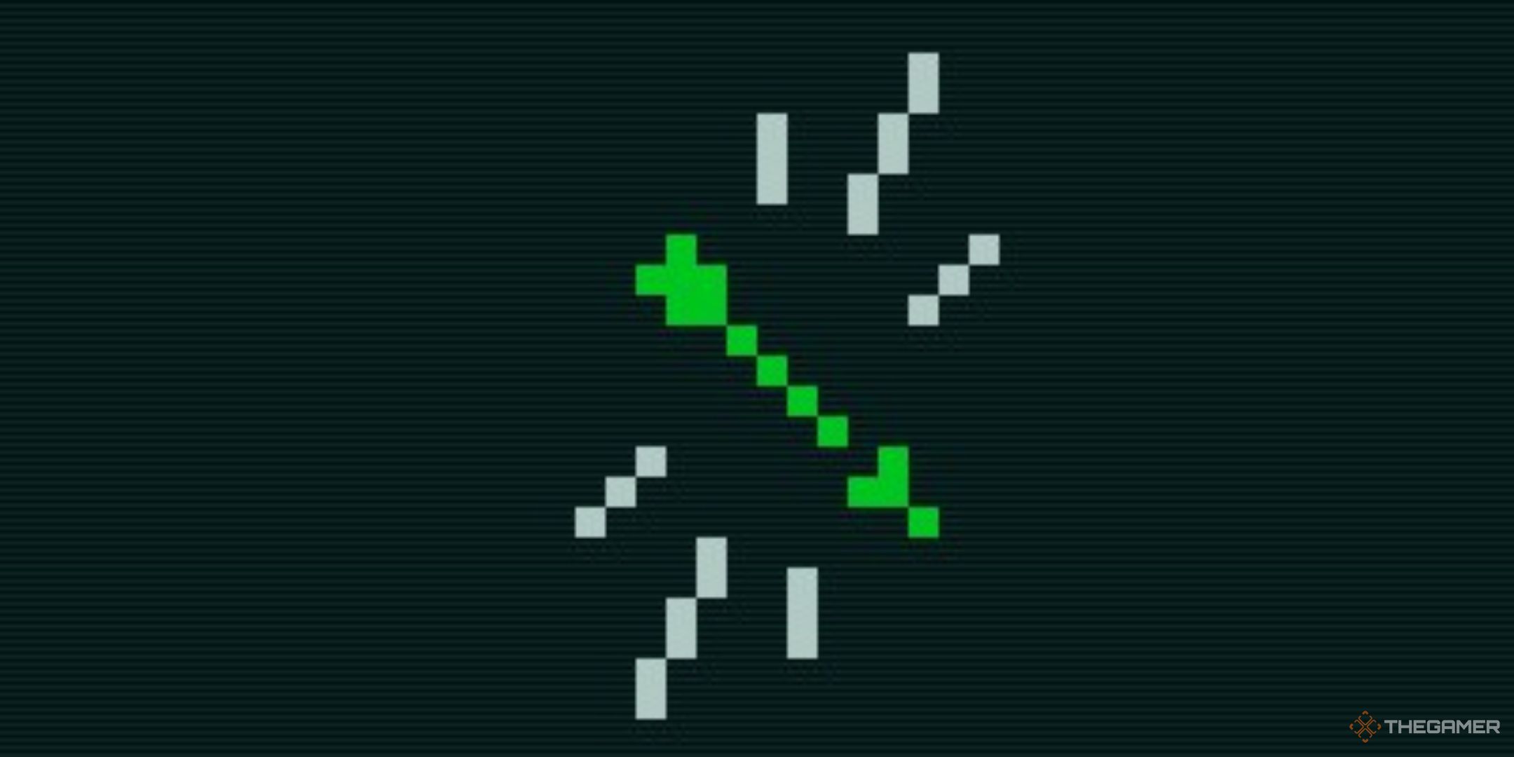 a pixelated green arrow highlighted with white lines, the symbol for the swift reflexes ability in caves of qud.