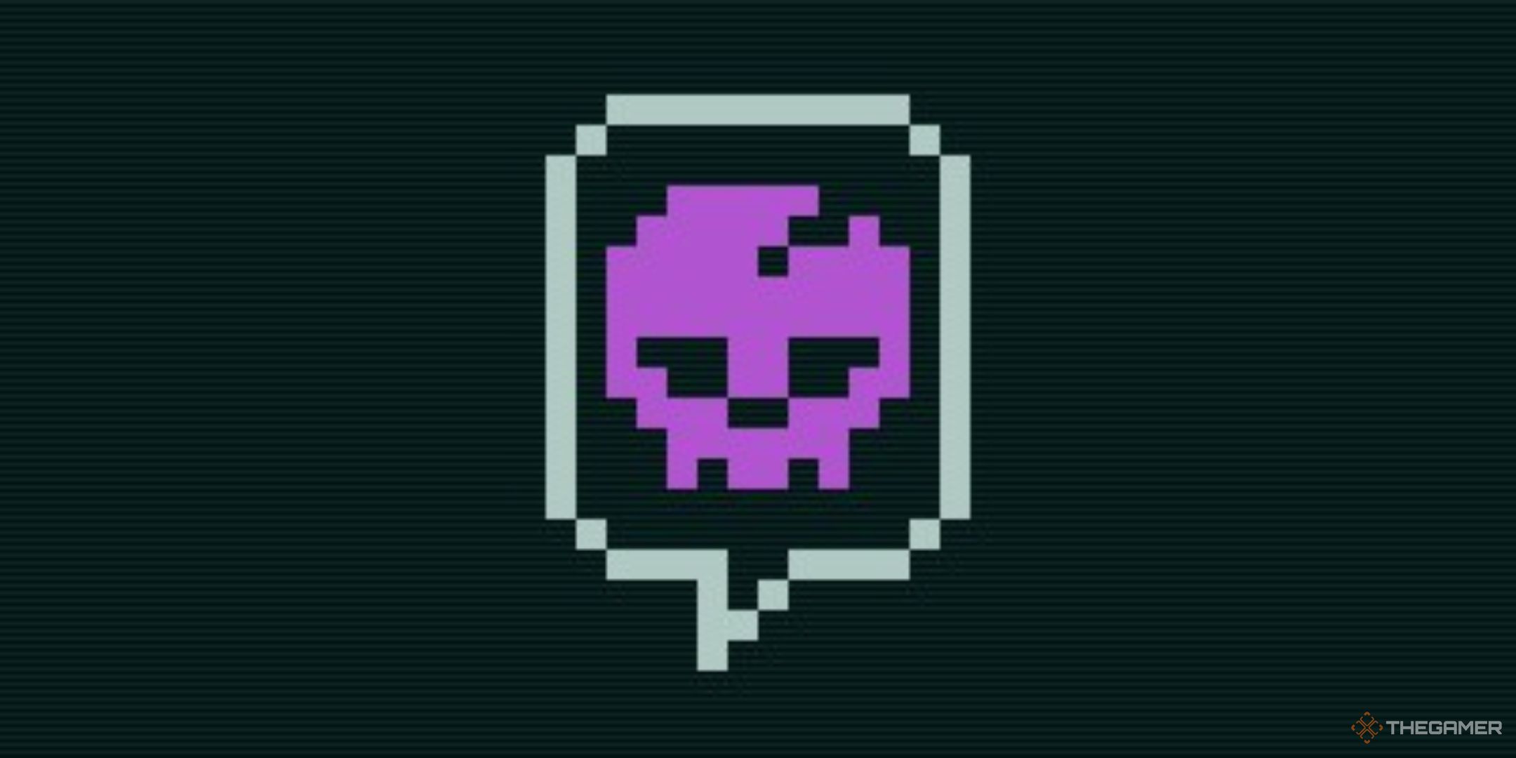 a pixelated purple skull inside a speech bubble, the symbol for the intimidate skill in caves of qud.