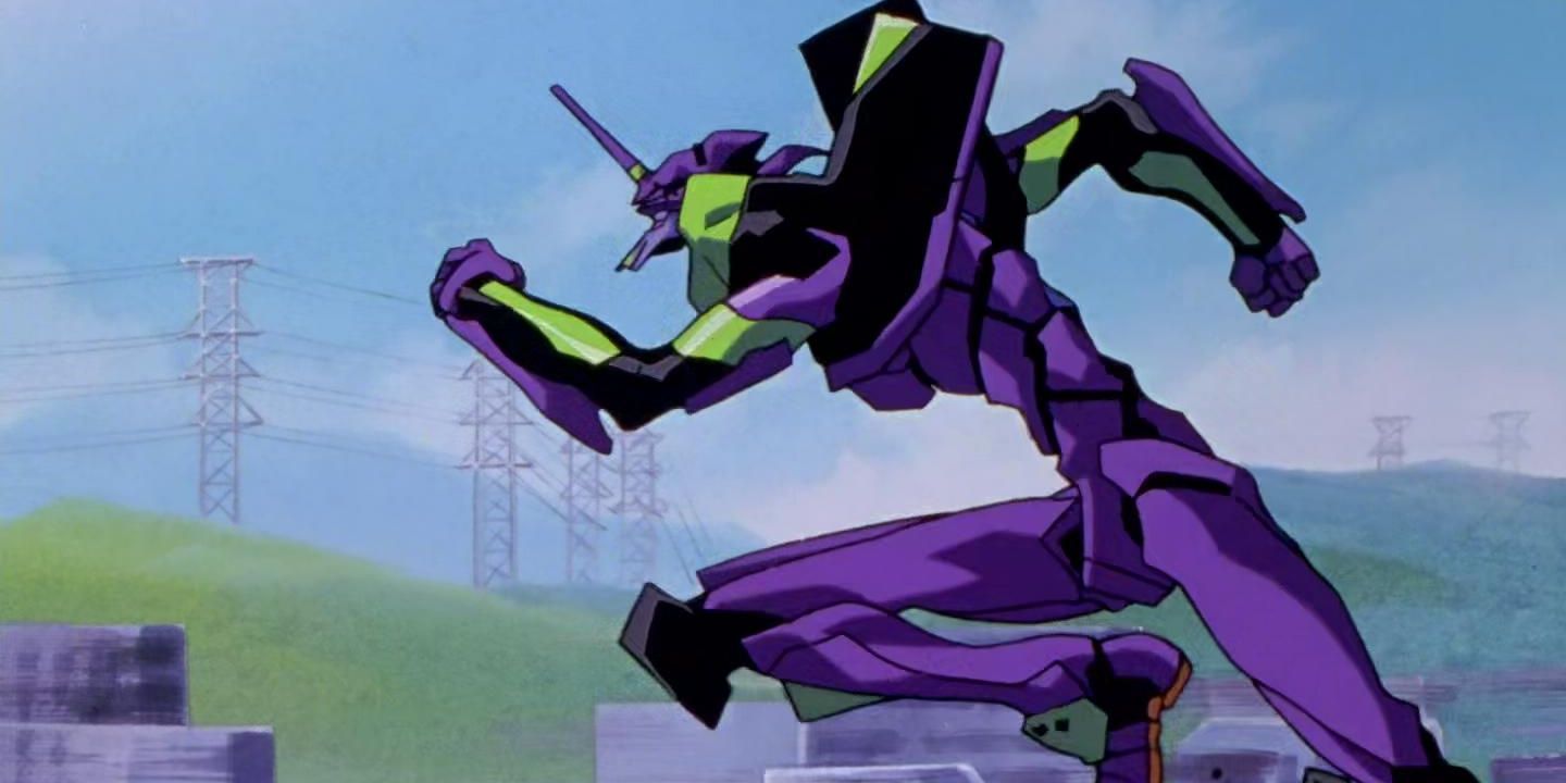 A green and purple horned mech (EVA Unit 01) runs through a city in Neon Genesis Evangelion