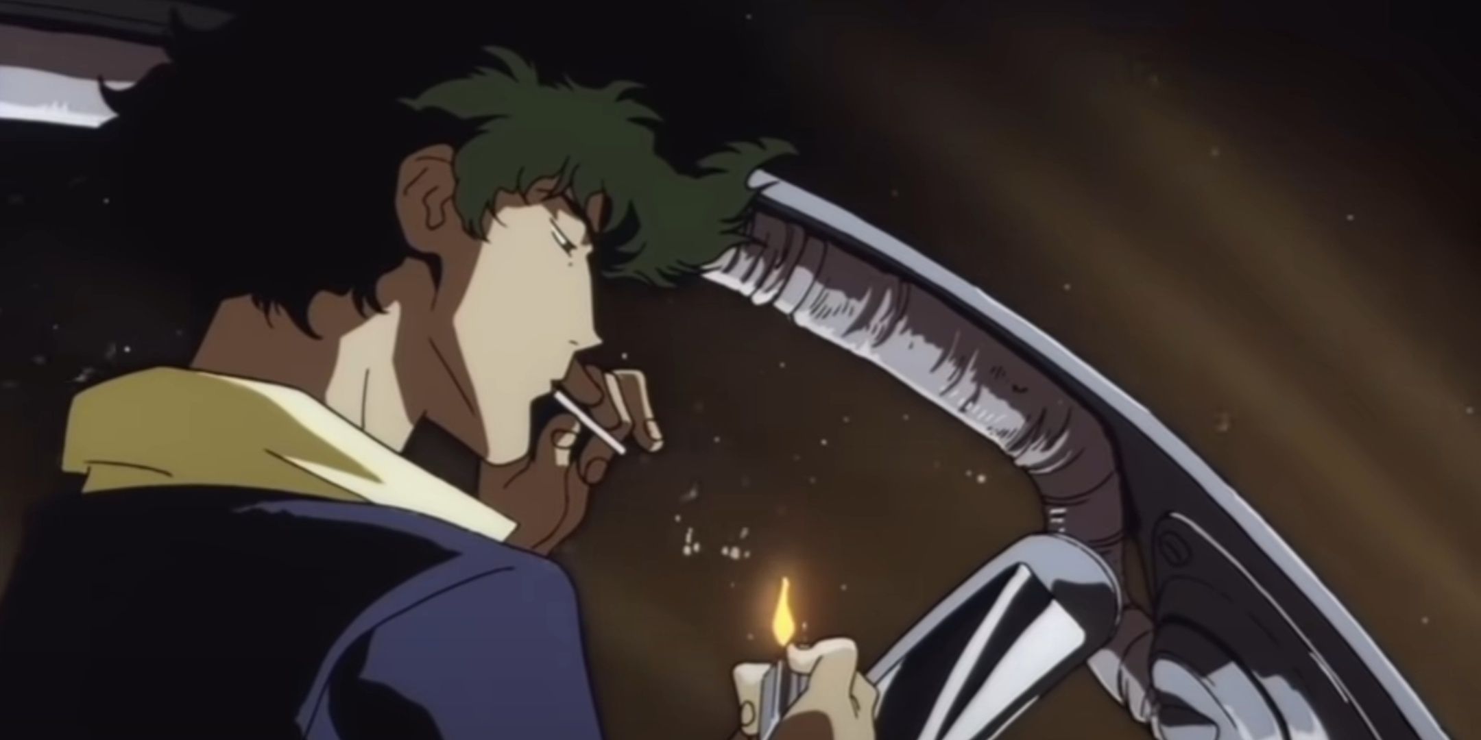 Spike lights a cigarette in the cockpit of his spaceship in Cowboy Bebop.