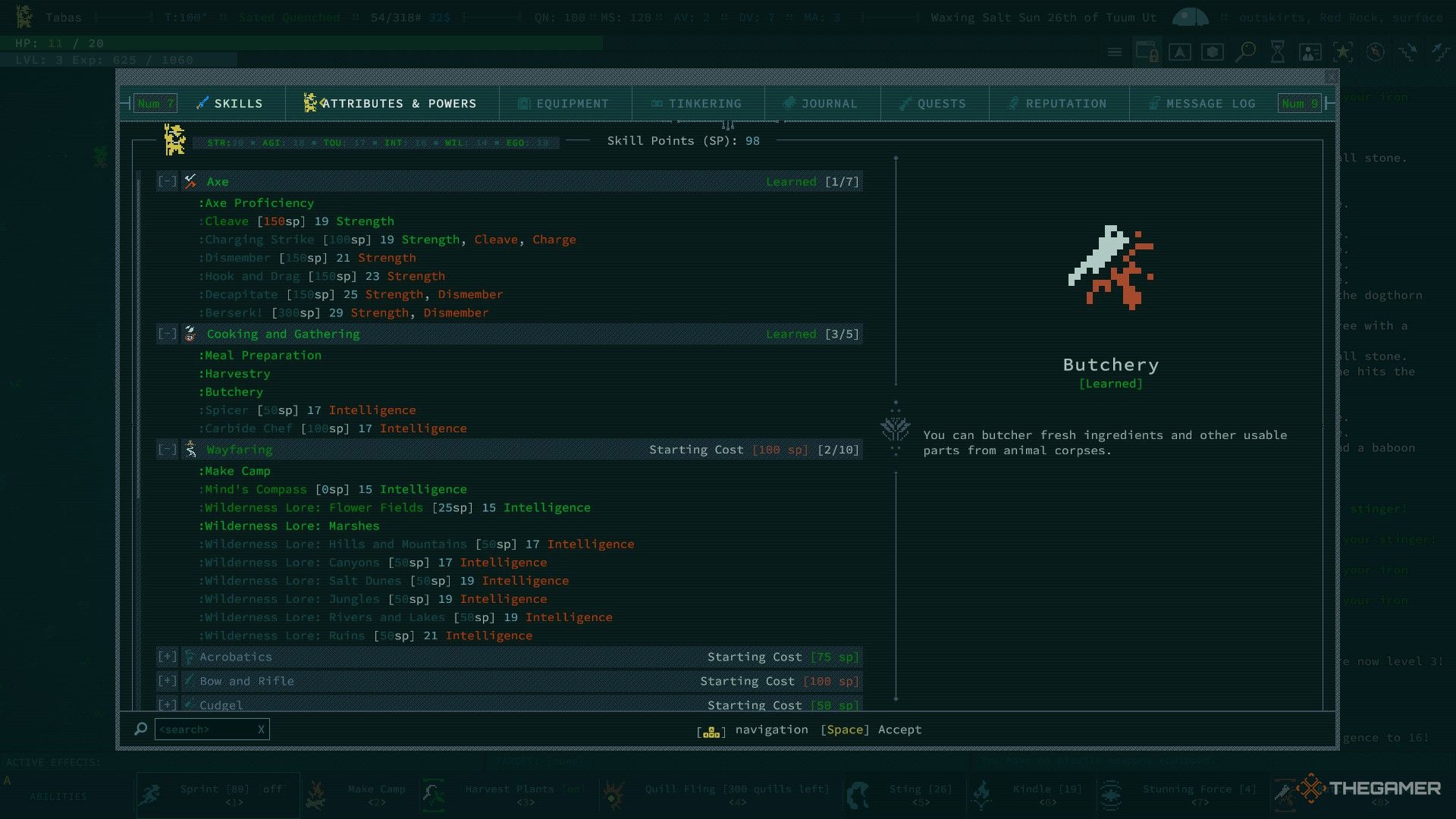 the skill screen in caves of qud with butchery highlighted.