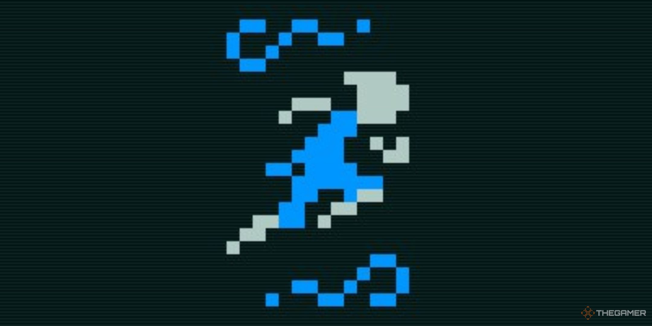 a pixelated figure in blue running, the symbol fo the hurdle skill in caves of qud.