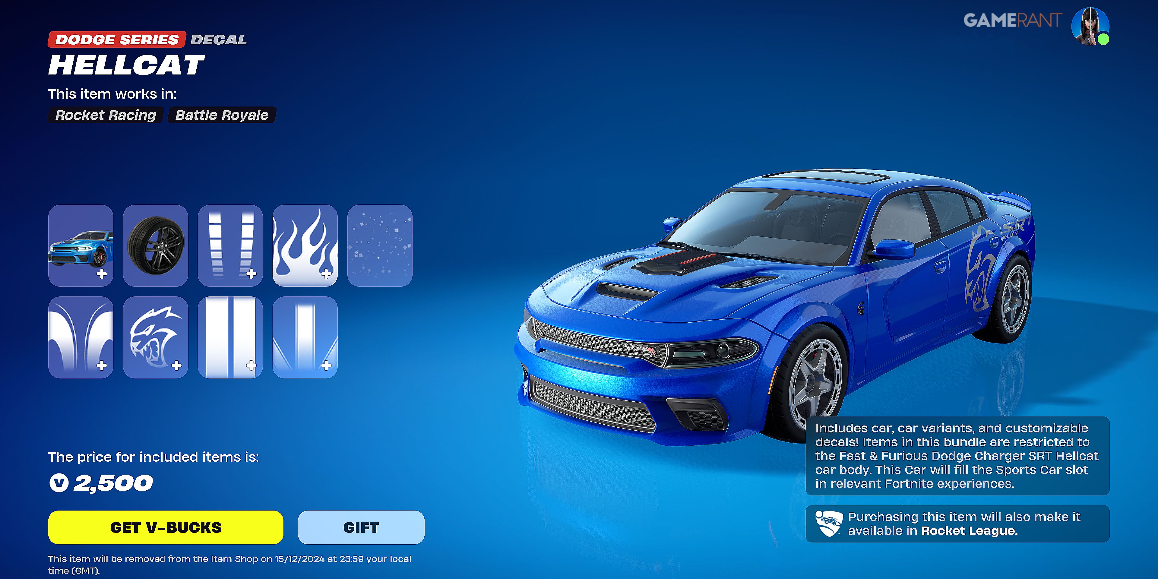 Screenshot showcasing how to get the Dodge Charger SRT Hellcat in Fortnite 