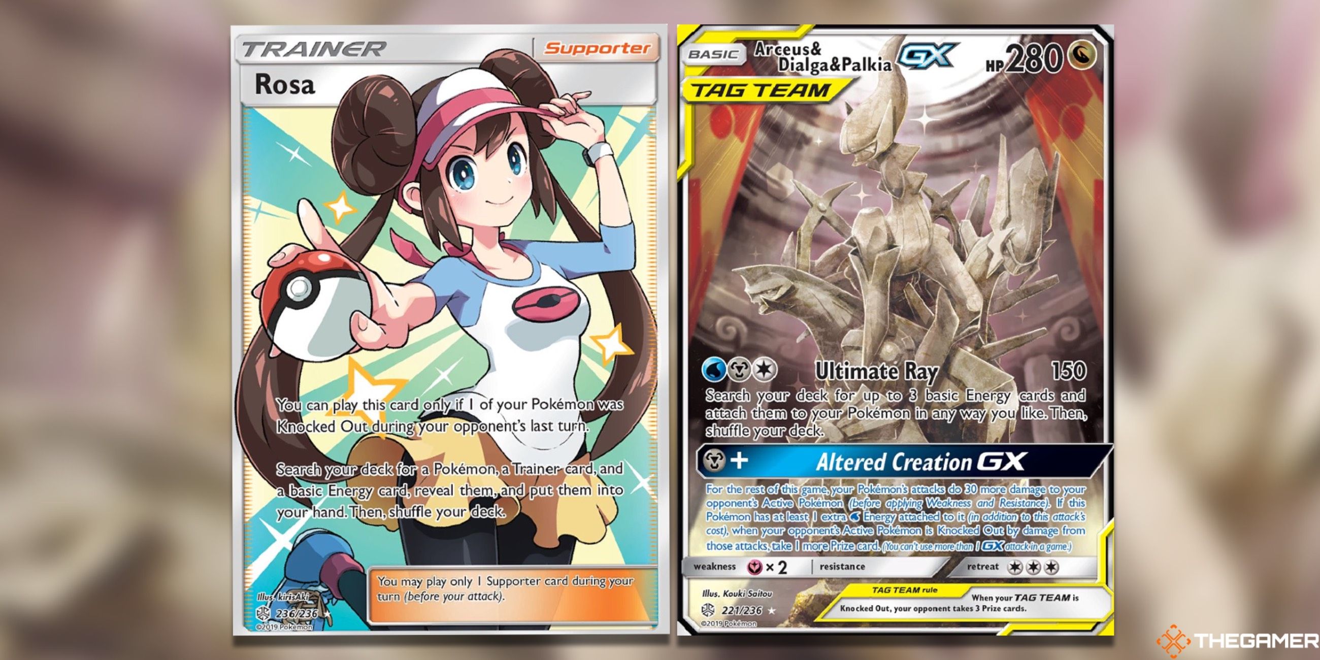 Rose next to Arceus&Dialga&Palkia from Cosmic Eclipse in the Pokemon TCG.