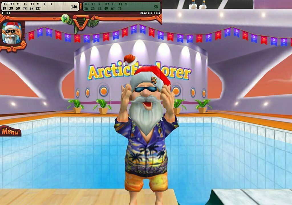 Hawaiian Santa in elf bowling