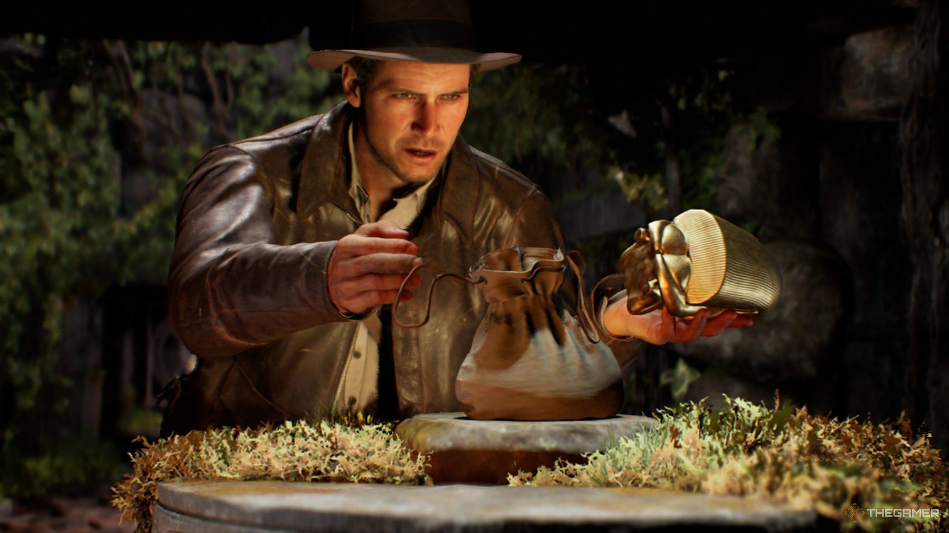 indy steals the golden idol in the raiders of the lost ark flashback at the beginning of indiana jones and the great circle.