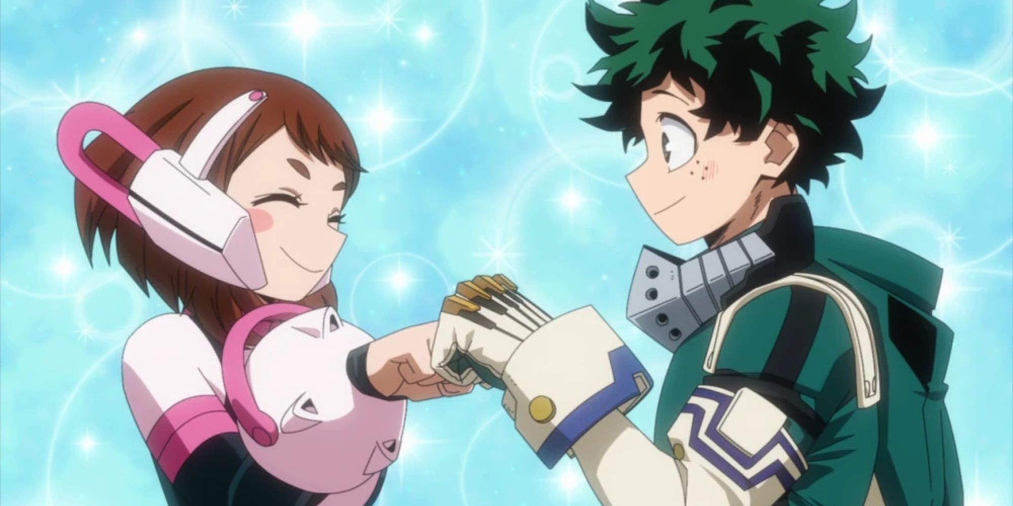 Deku and Uraraka do a fist bump while training.