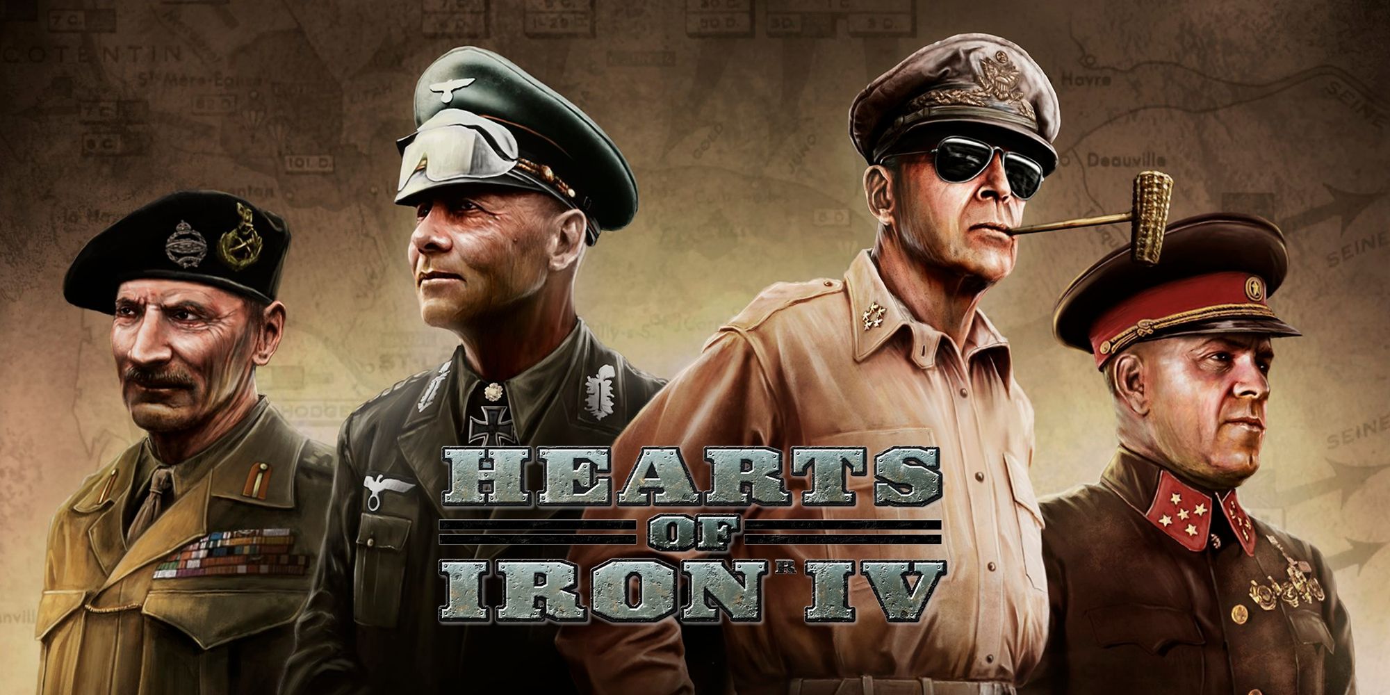 Hearts Of Iron 4 title art with military leaders posing.