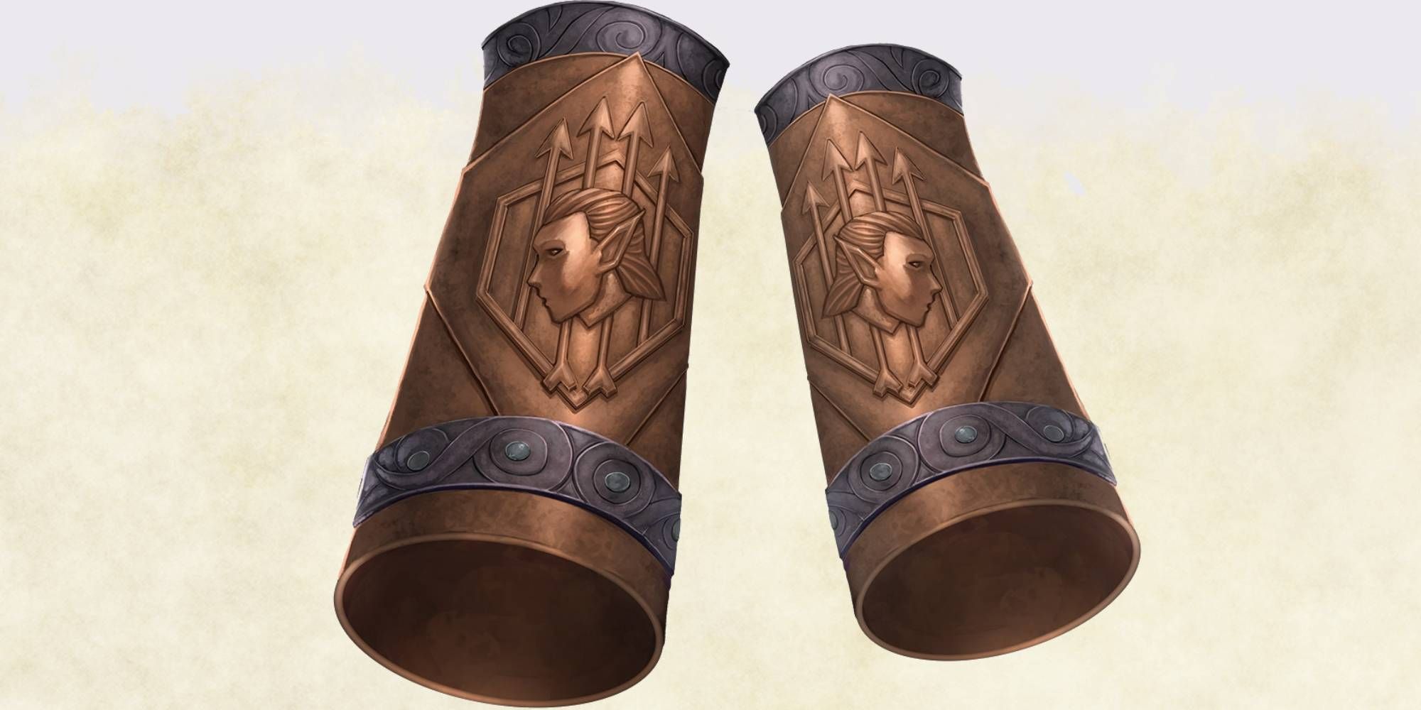 Dungeons & Dragon image showing A pair of bracers sit with elven iconography upon them.