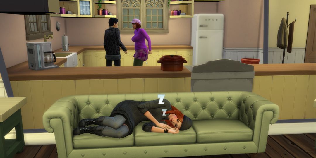 A redhaired Sim naps on a couch while two other Sims argue in the background.