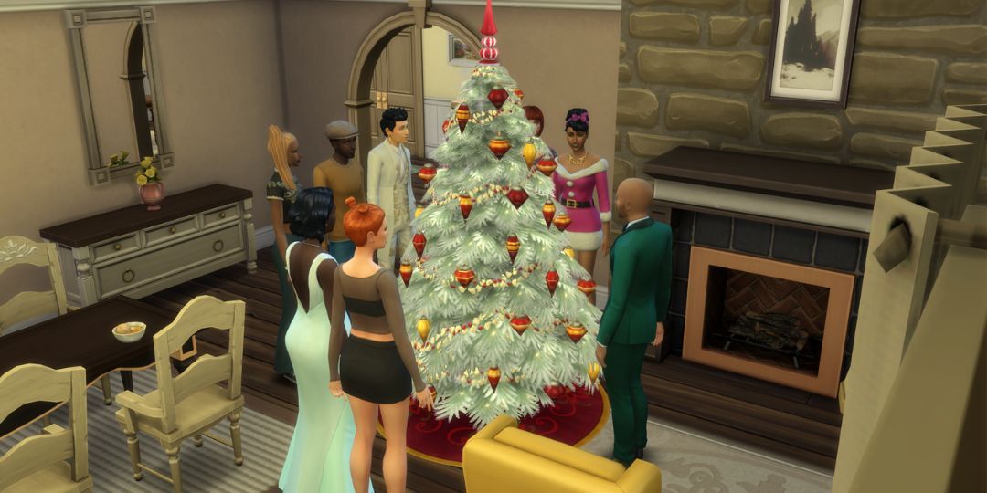 A group of Sims stand around a Christmas tree together.