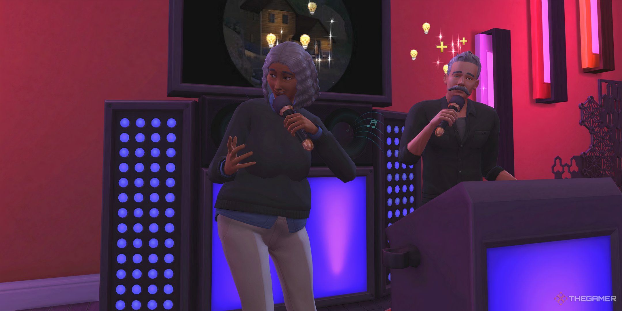 Two elderly Sims doing karaoke in The Sims 4.