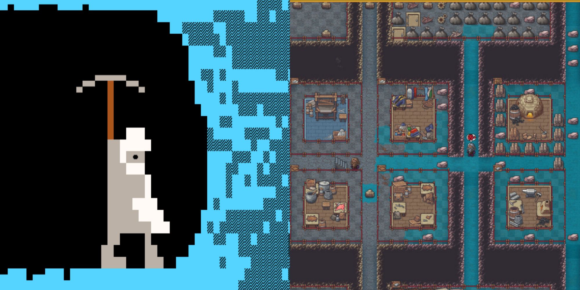 Dwarf fortress original mining logo next to flooded fortress