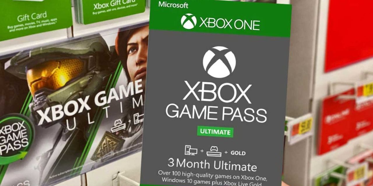 An Xbox Game Pass Ultimate 3-month gift card imposed over an image of an Xbox themed shelf