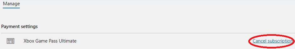 The Cancel Subscription option in the Payment Settings menu of Xbox Game Pass