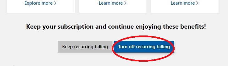 The Turn off recurring billing button in Xbox Game Pass' website