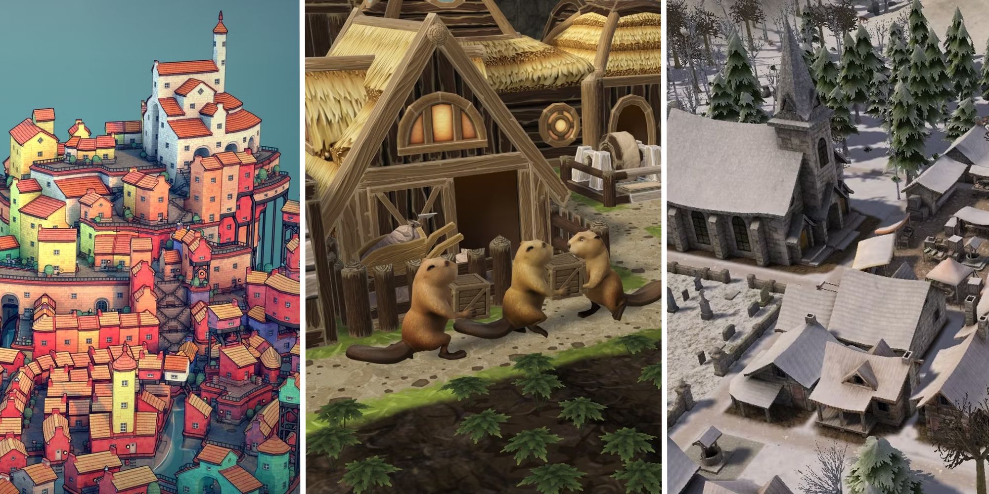 split image showing townscapers, timberborn, and banished