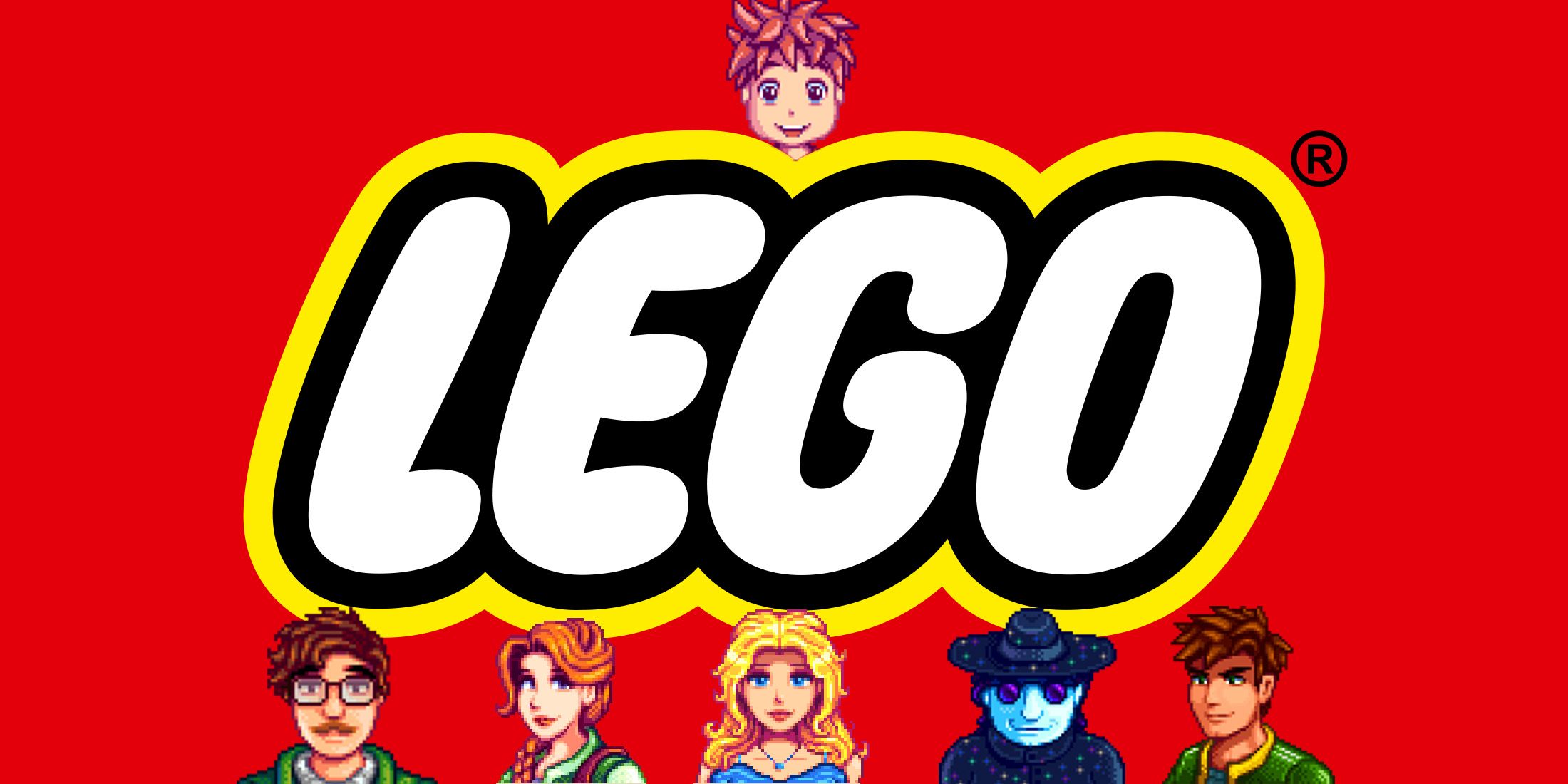 Stardew Valley characters surrounding LEGO logo on red background