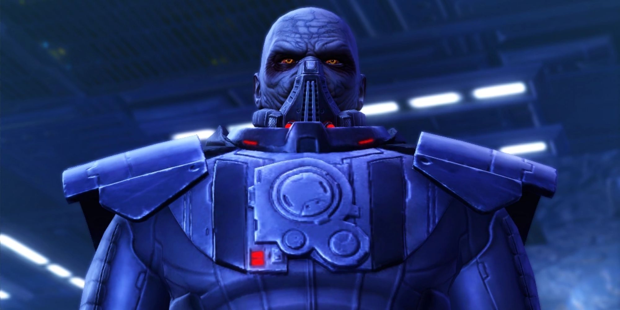 Darth Malgus close up wearing a Dath Vader-esqu mask and cloak in Star Wars: The Old Republic.