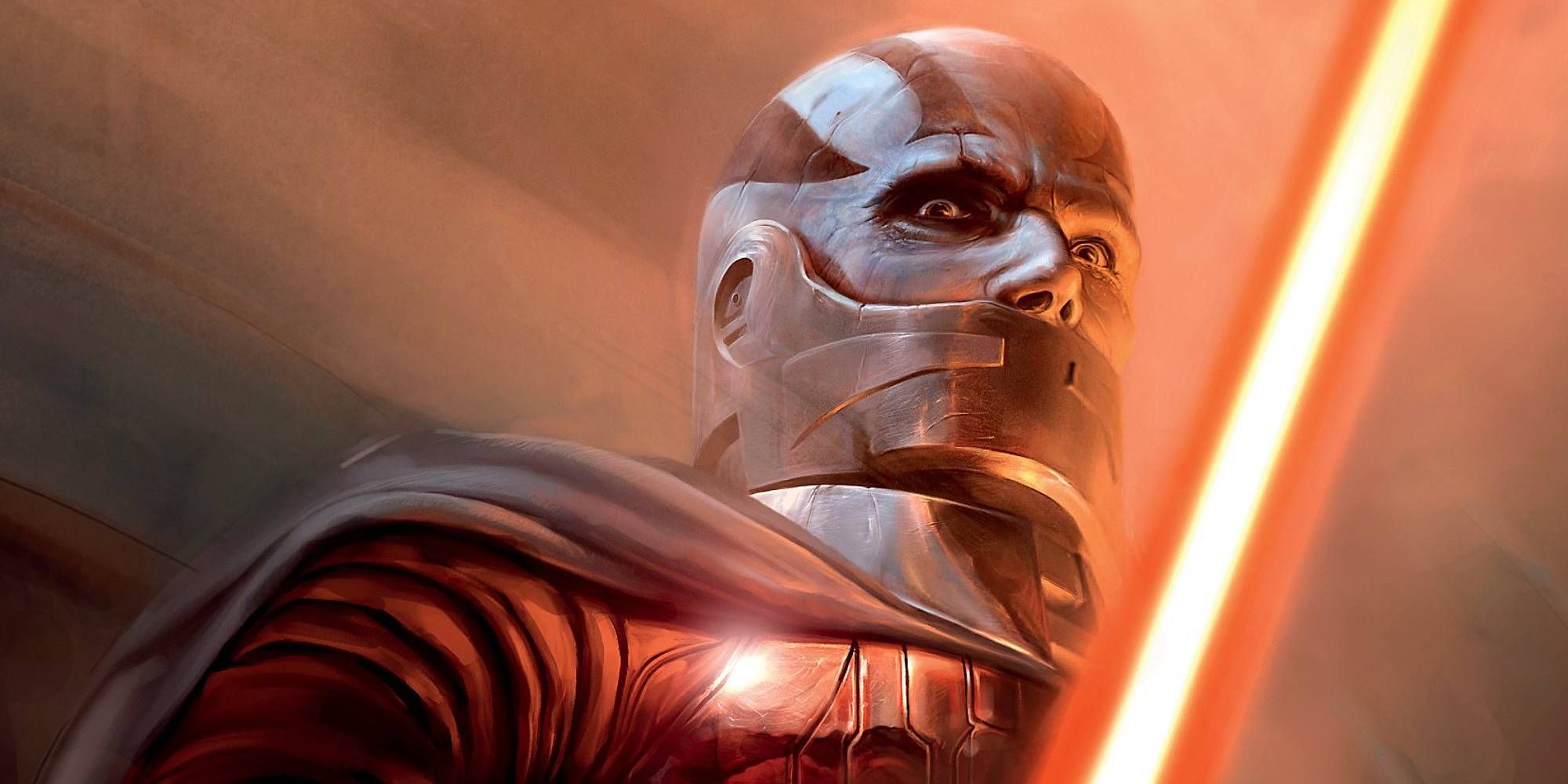 A bald headed menacing figure with a red lightsaber looks down in Star Wars Knights of the Old Republic.