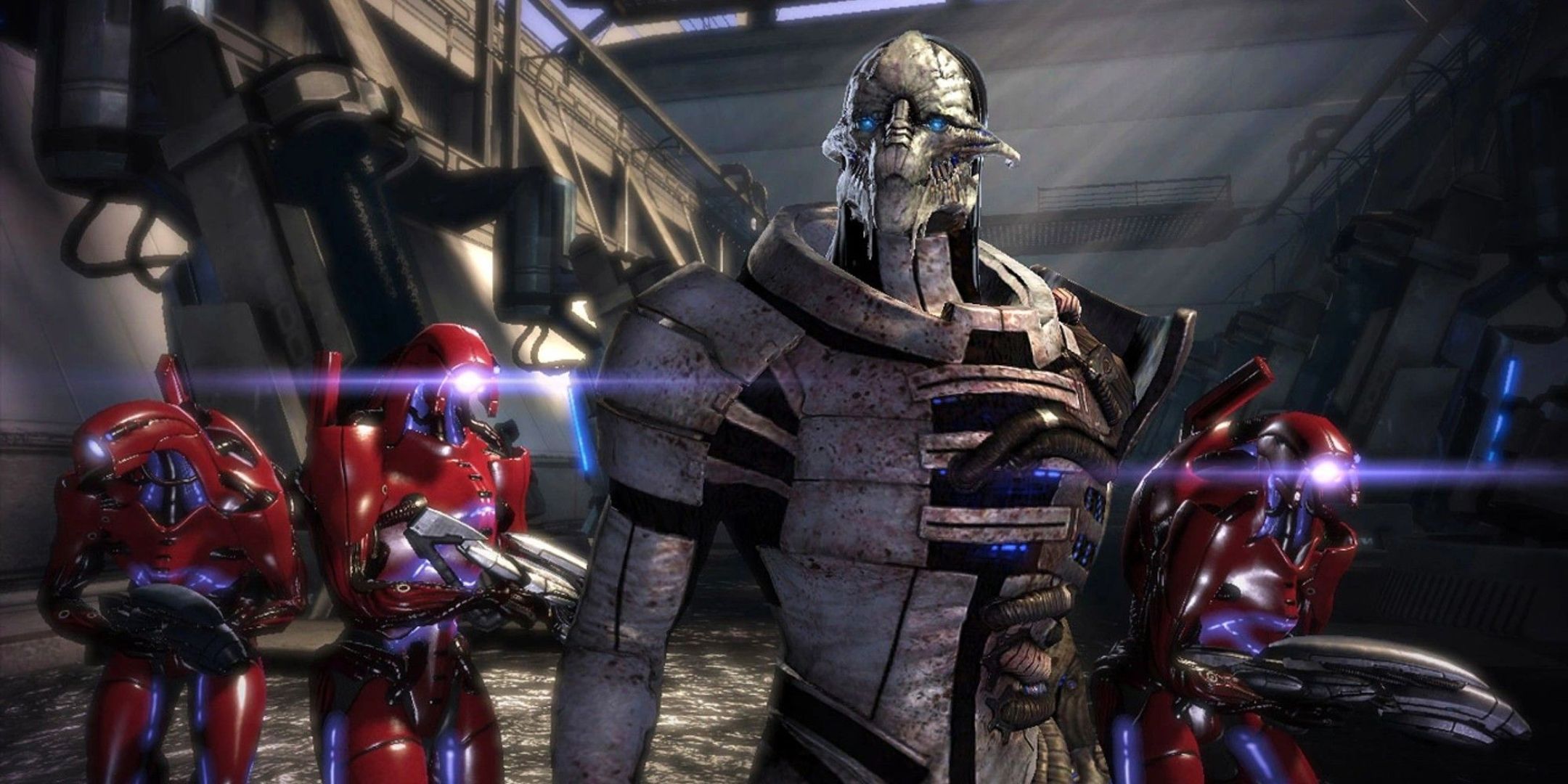 Saren and three red Geth Troopers in Mass Effect.