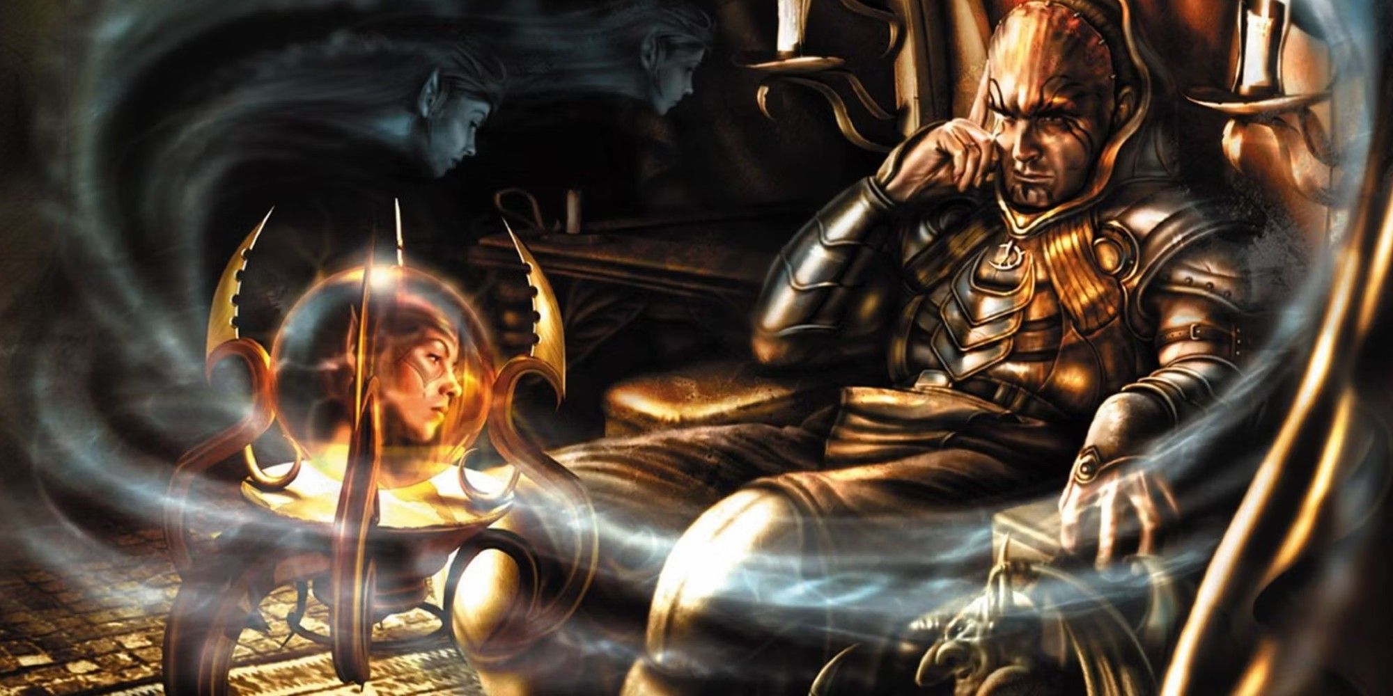 Baldur's Gate 2 villains Irenicus and Bodhi sitting looking at an orb.