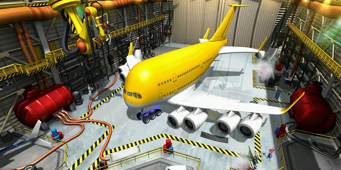 A yellow plane sits in a hangar in Airline Tycoon 2.