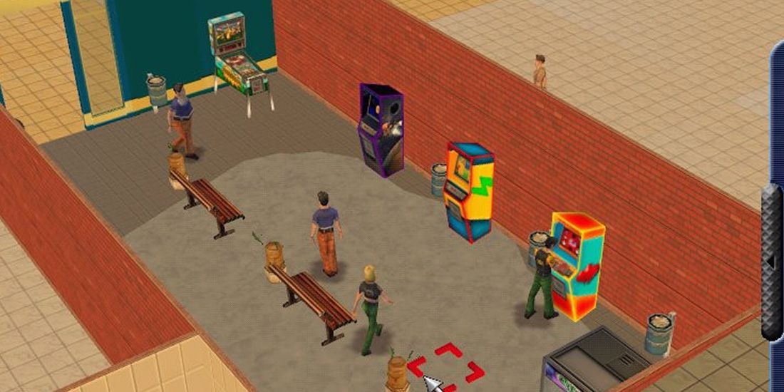 Customers in Mall of America Tycoon entertain themselves at a small arcade.