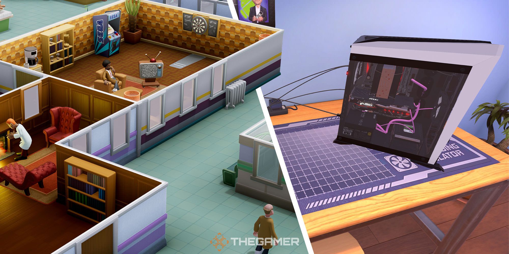 Split image of Two Point Hospital and PC Building Simulator