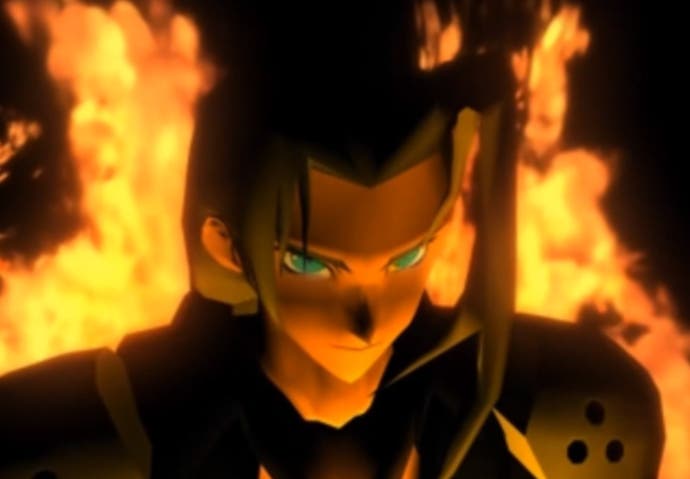 Final Fantasy 7 FMV screenshot showing close up of Sephiroth surrounded by fire