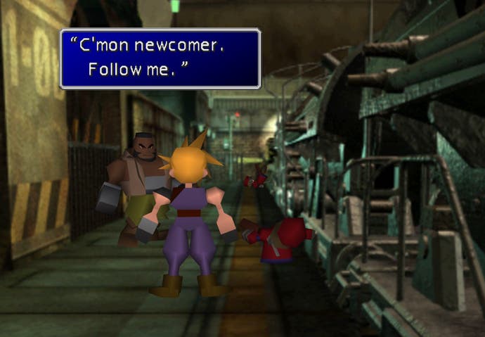 Final Fantasy 7 in-game screenshot of Cloud and Barrett stood next to a train