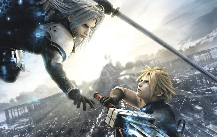 Artwork for Final Fantasy 7 Advent Children film showing Sephiroth and Cloud facing off over a cityscape