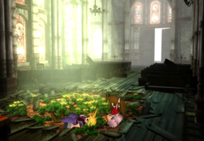 Final Fantasy 7 screenshot showing Aerith crouched over a fallen Cloud among flowers inside a church