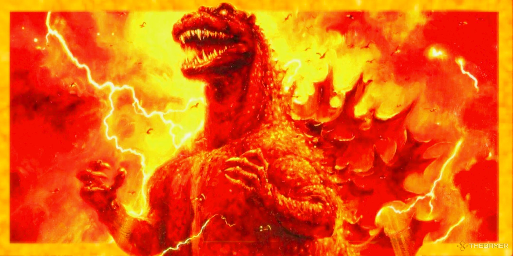 Godzilla in a flaming storm of lightning and fire roars and lurches forward with a bright orange outline.