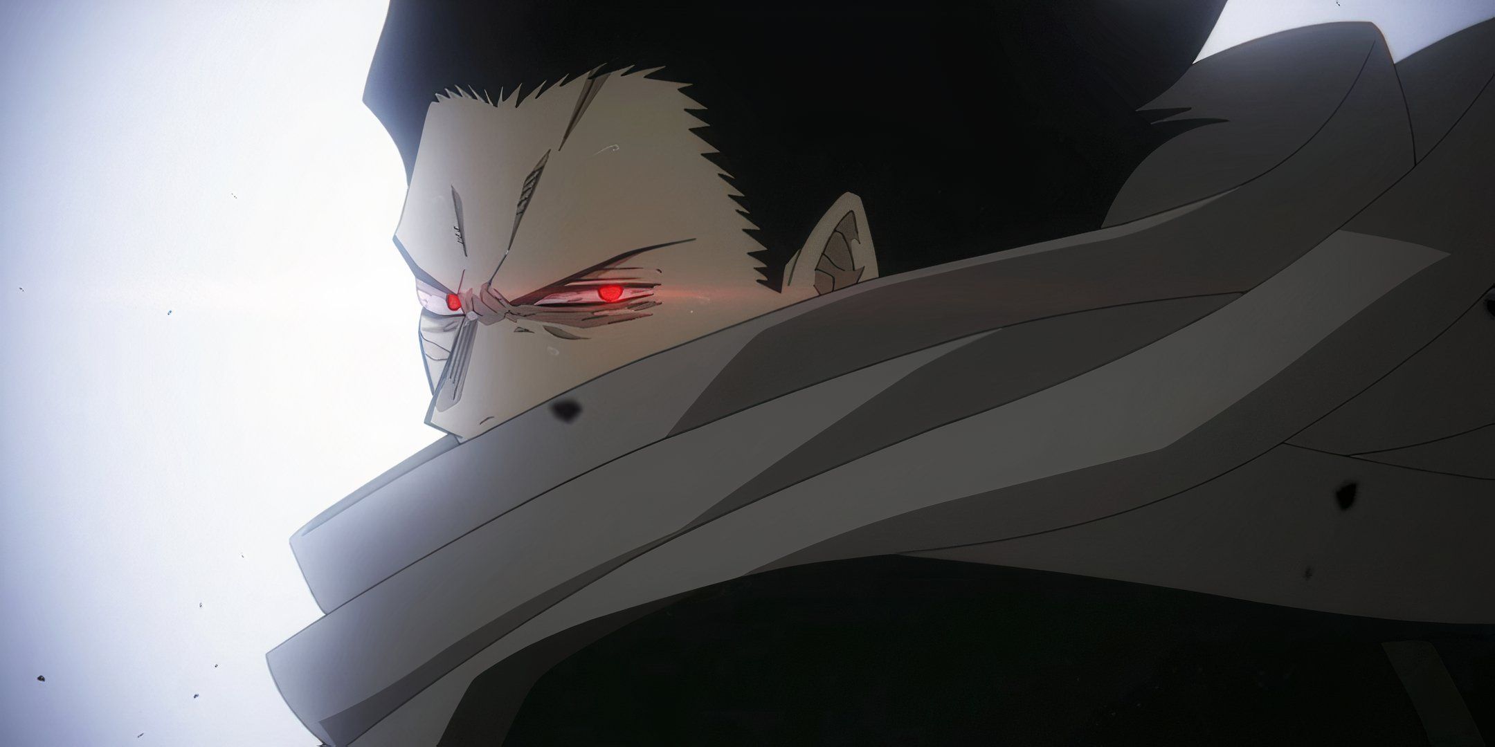 Aizawa looking over his shoulder and using his quirk, his eyes glowing red.