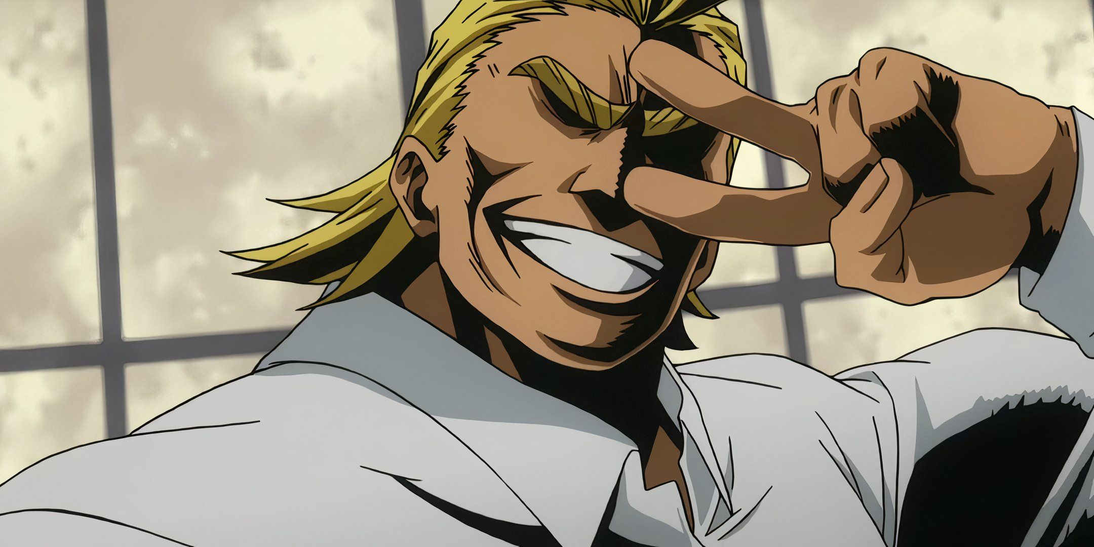 All Might flashing a peace sign while smiling. 