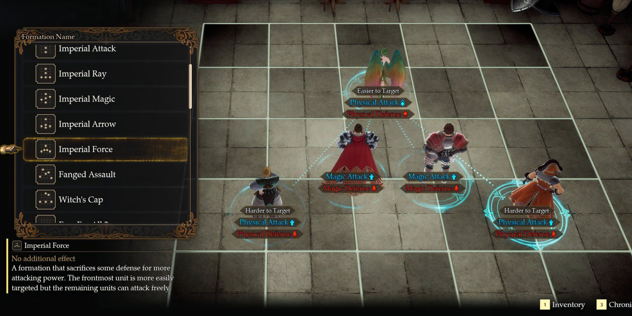 Characters are placed in a close triangle in the middle of the grid in Romancing Saga 2: Revenge of the Seven..