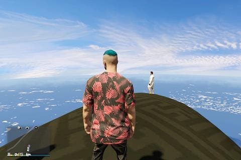 Two actors stand on a blimp in Grand Theft Hamlet.