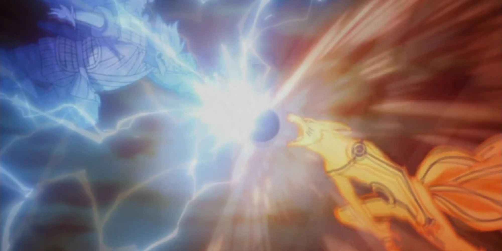 Susanoo (Sasuke) and Kurama (Naruto) collide their final attacks.