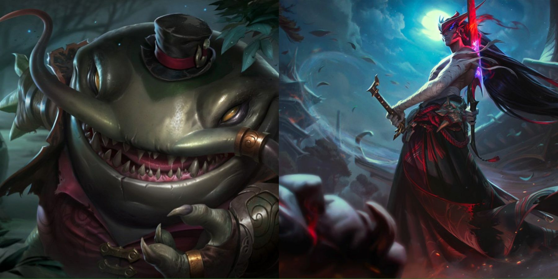 Tahm Kench and Yone defeating enemies in their League of Legends Splash Arts