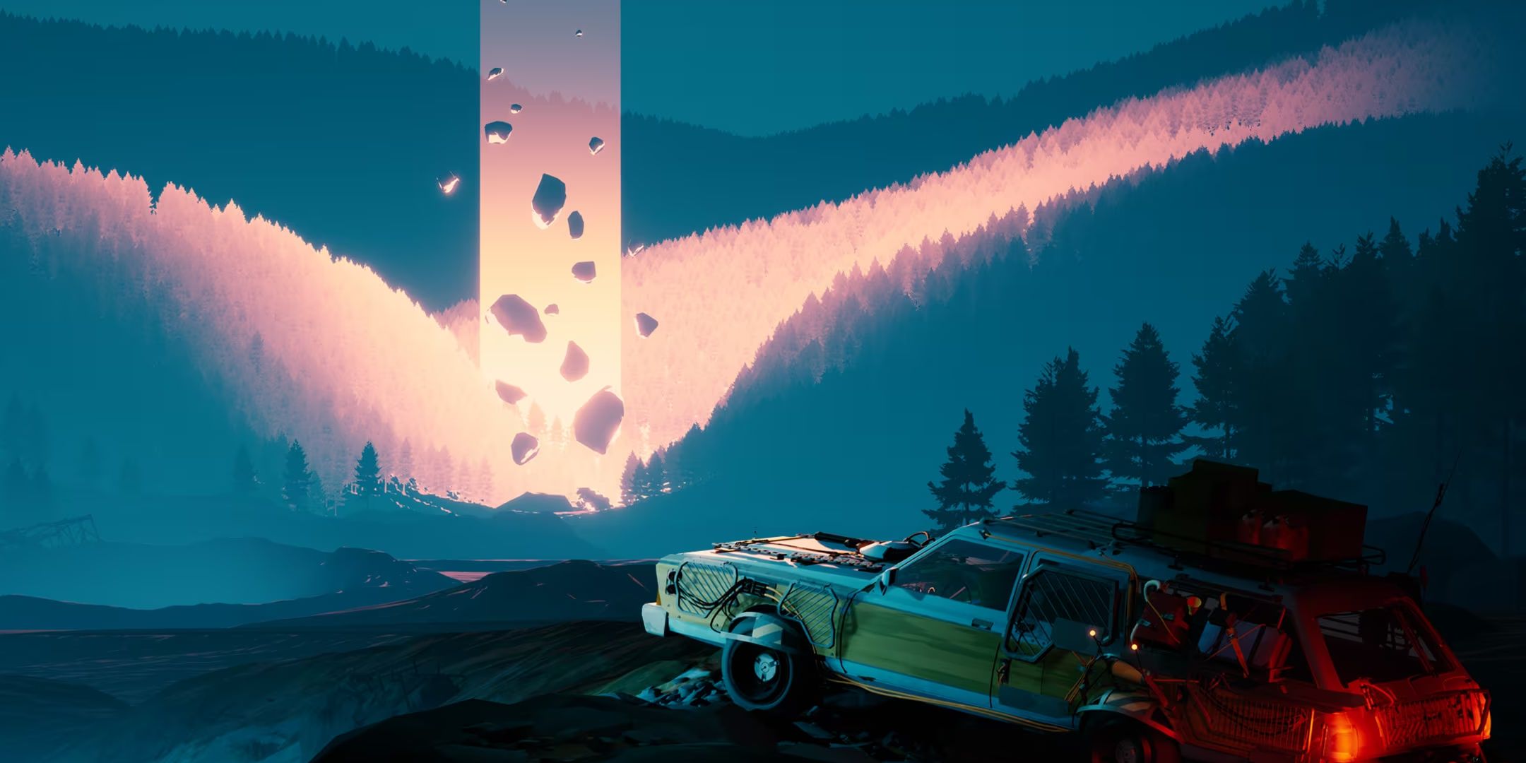 An old car is parked on a hill while an alien looking beam of light glows in the distance.