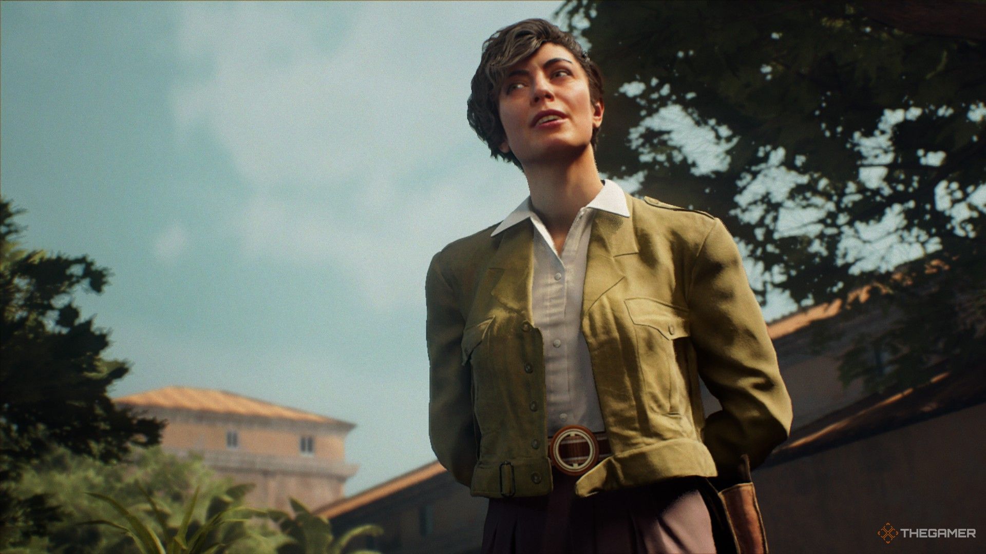 gina lombardi in her reporter outfit, with her hands behind her back in Indiana Jones and the Great Circle.