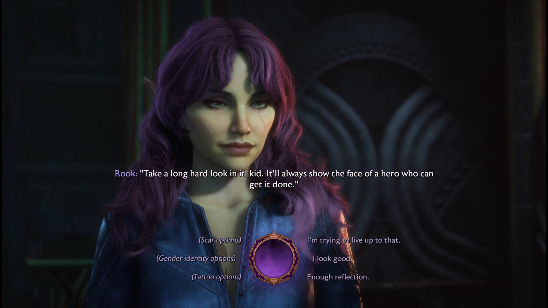 Dragon Age: The Veilguard screenshot of Rook standing before the mirror which gives options to explore scars, gender identity, or tattoos